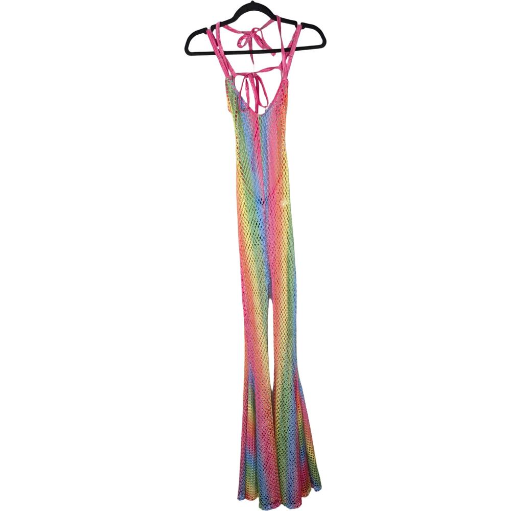 NWT Club Exx Rainbow Fishnet Jumpsuit L | Super Flare Pride Rave Festival Sheer